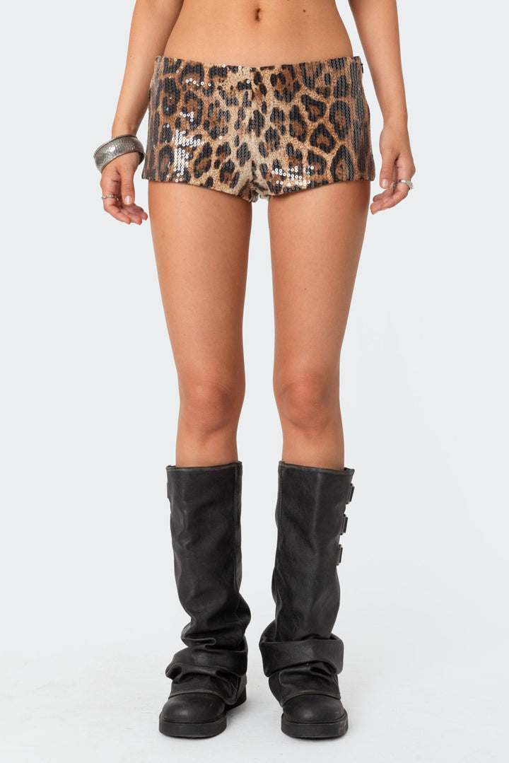 Sequin Leopard Printed Micro Shorts